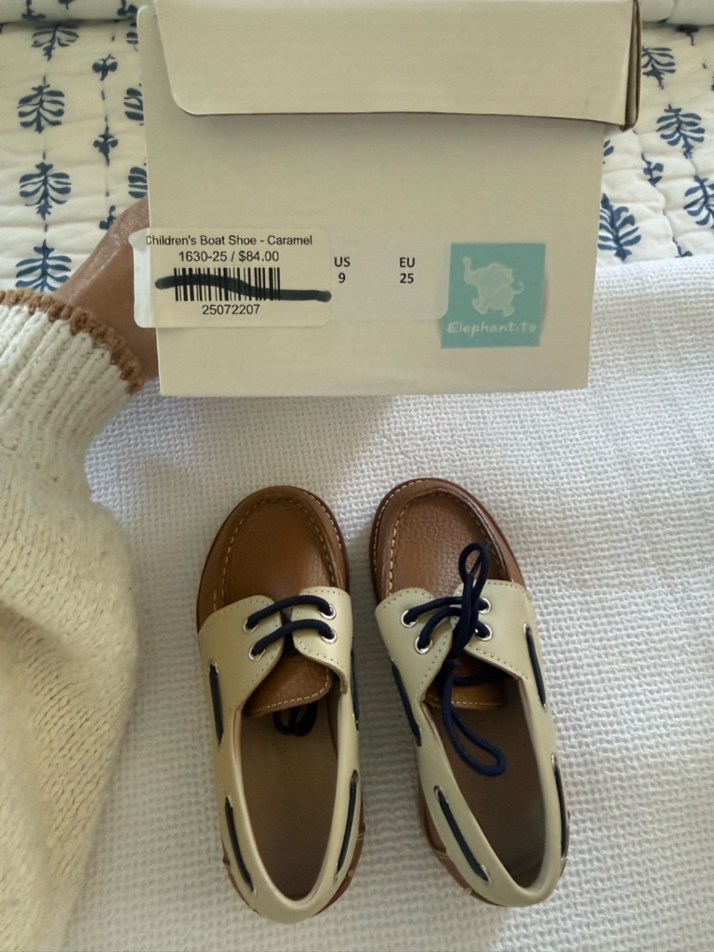 Elephantito Brown and Cream Boys Moccasin Boat Shoes with Navy Laces - Picture 3 of 5